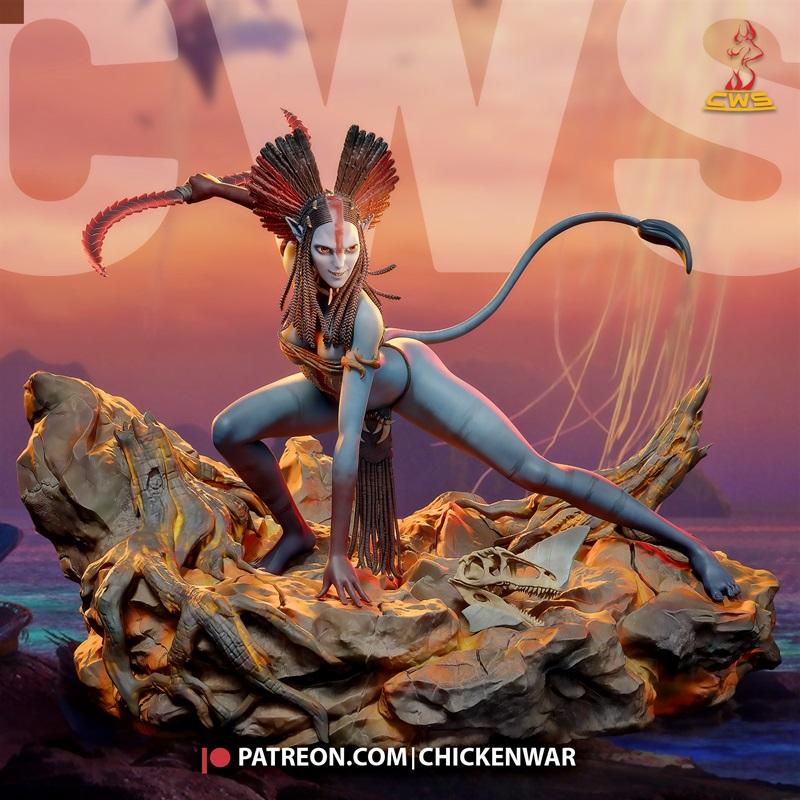 Varang, an alien warrior from Avatar, in a low crouch on a rocky terrain, holding a curved blade. She has blue skin,...