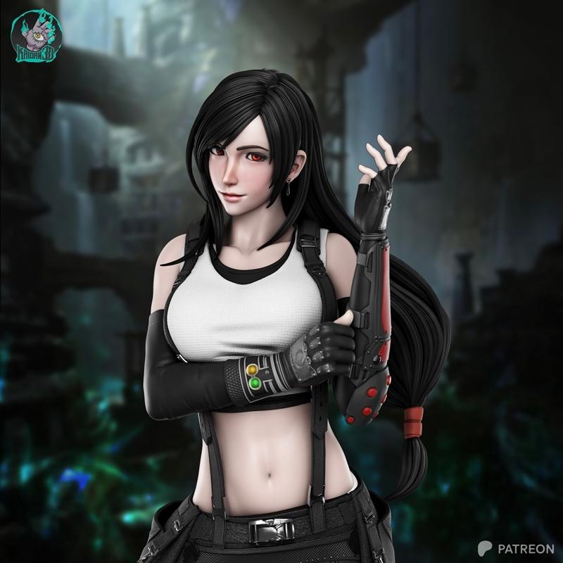 Tifa Lockhart 3D model figure by Kaidan, wearing white tank top and black skirt, with mechanical arm and red eyes, po...