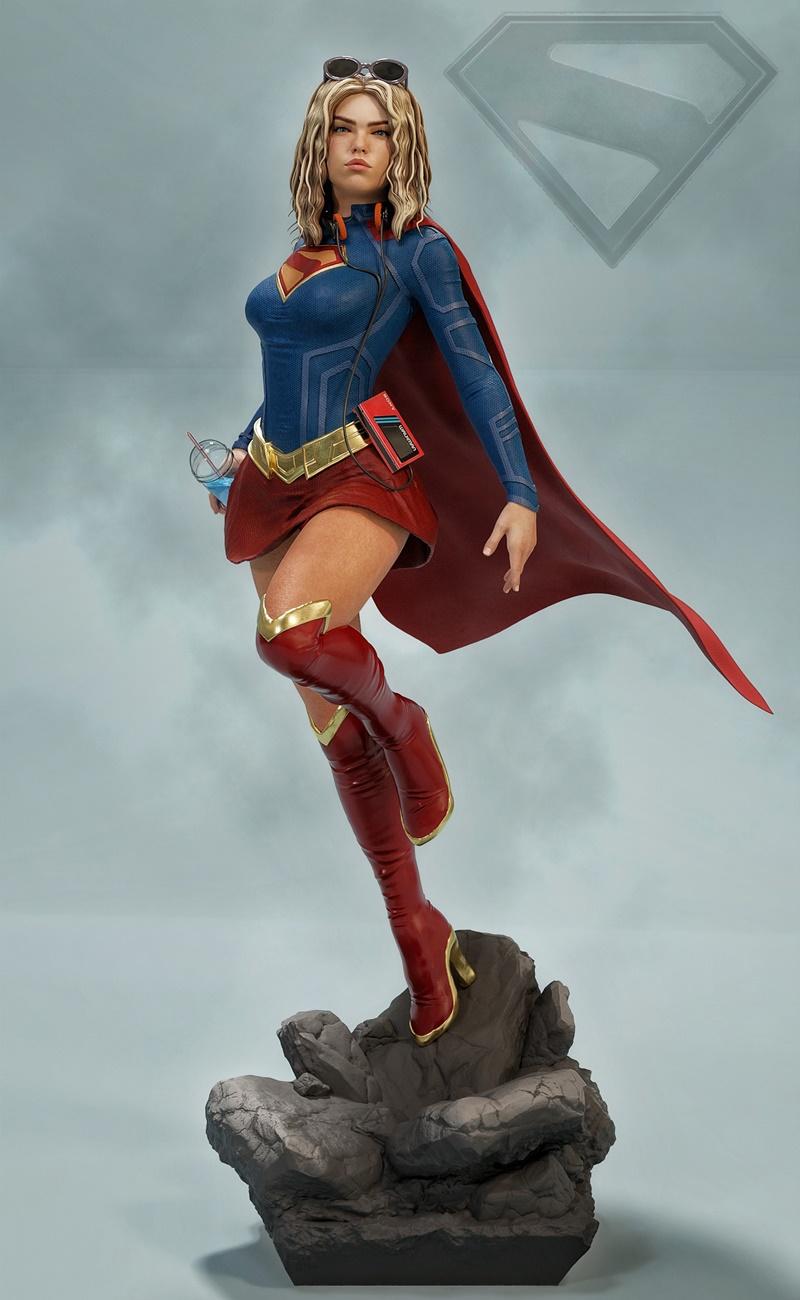 Supergirl figure in a dynamic pose, wearing a blue suit, red cape, red skirt, and red boots with gold accents. She ha...