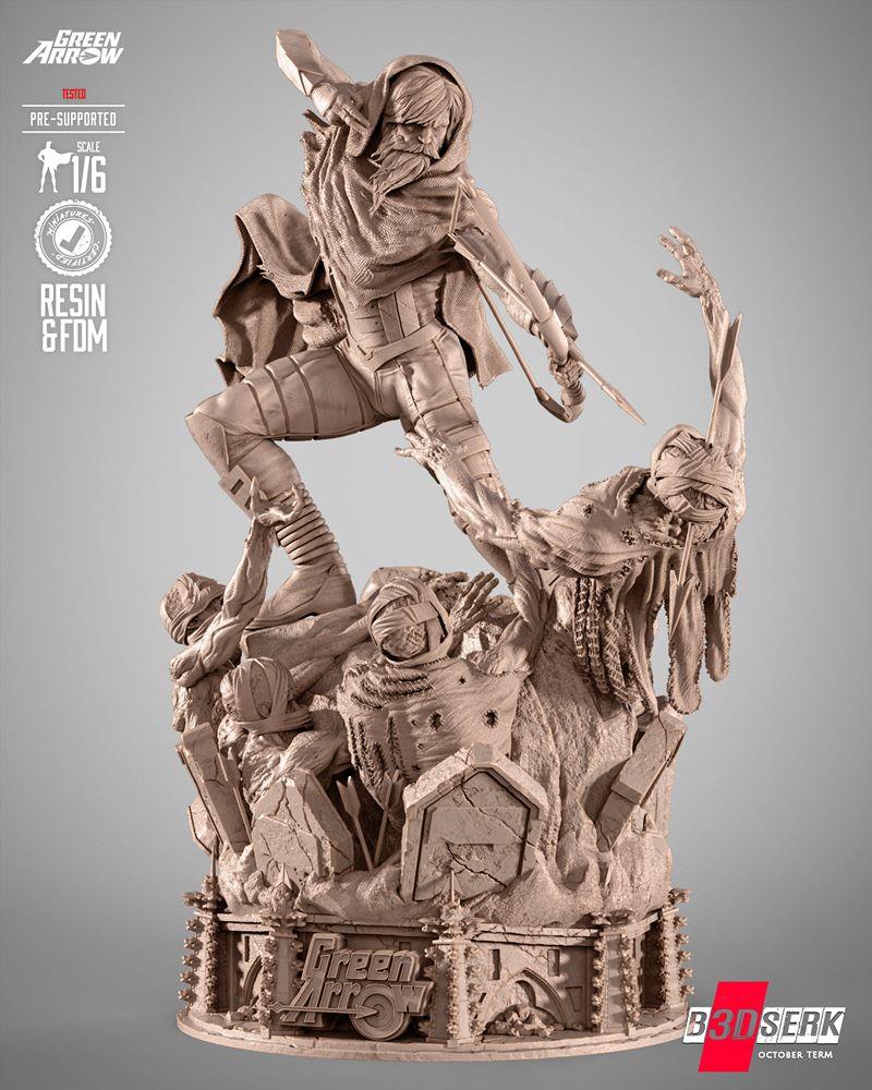 Green Arrow 3D model sculpture in a heroic pose, drawing a bow and arrow to fight a vampire-like creature on a detail...