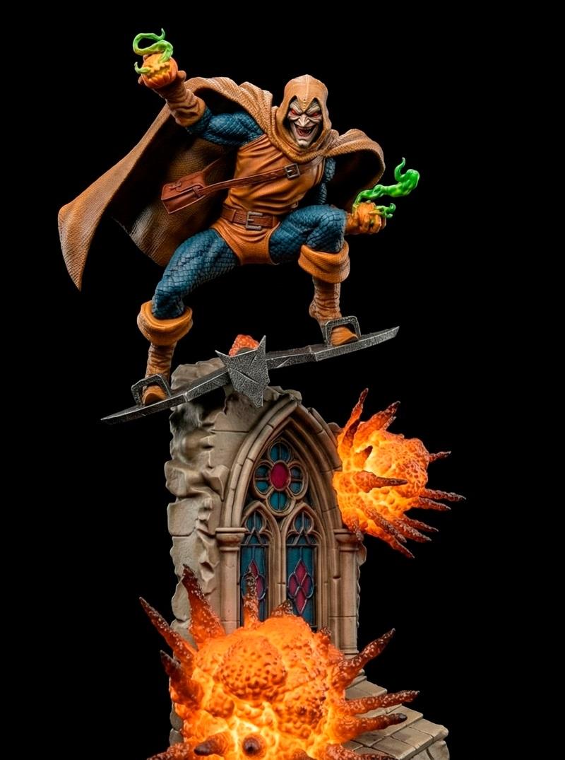 3D model figure of Hobgoblin from Spider-Man comics, riding a glider over a gothic ruin, holding glowing pumpkin bomb...