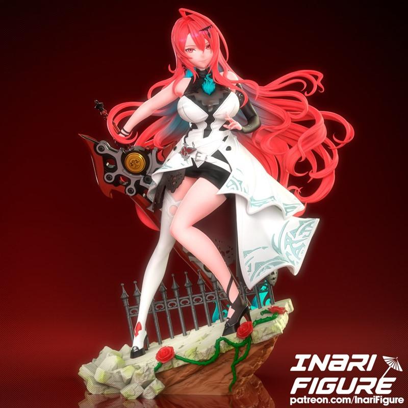 Elizabeth figure with long red hair, wearing a white and black outfit and holding a large weapon, posed on a rocky ba...