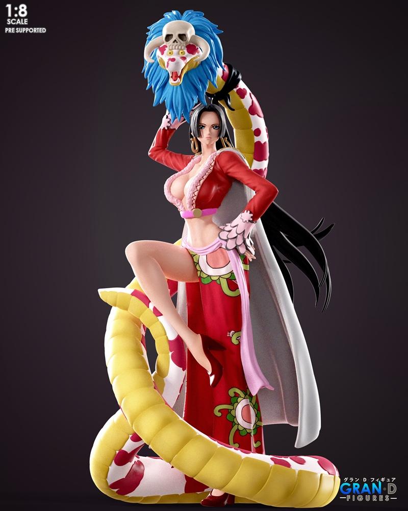 Boa Hancock 3D model figure with a large snake, wearing a red jacket and revealing skirt, in a seductive pose.