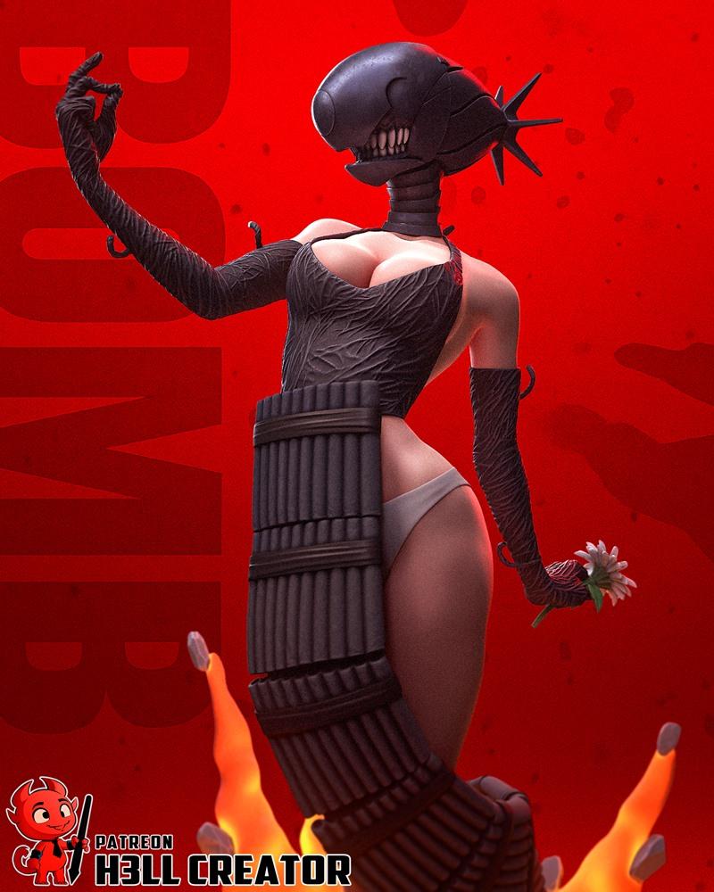3D model of Reze from Chainsaw Man, wearing a dark, revealing outfit with a bomb helmet and dynamite bandolier, holdi...