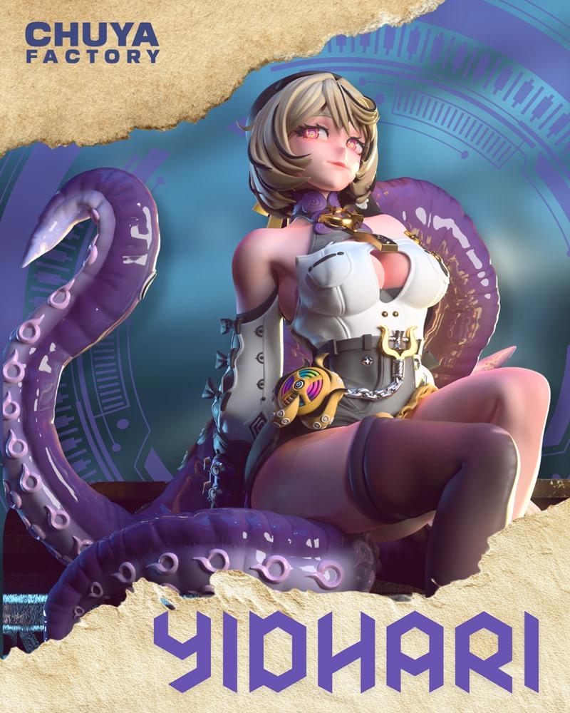 3D model of Yidhari figure by Chuya Factory, seated with large purple tentacles, wearing a white bustier and corset.