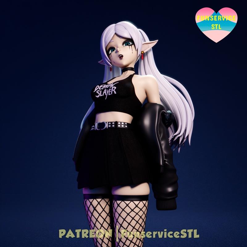 Goth Frieren anime-style figure with white twin-tail hair, black crop top, short skirt, fishnet stockings, and leathe...