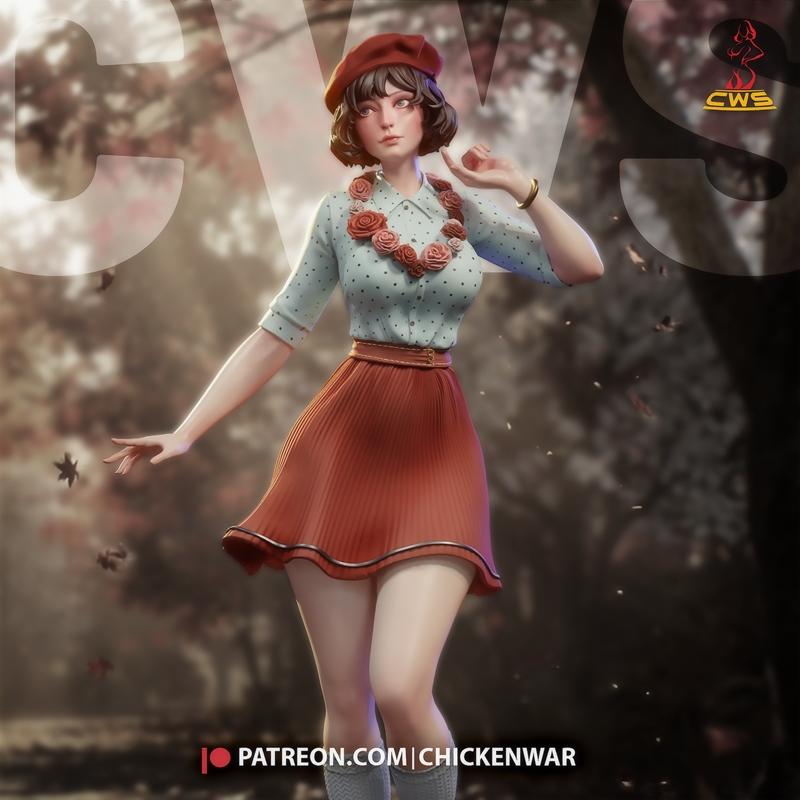 3D model of Sophie, an original character by CW Studio, wearing a beret, polka-dot blouse, and pleated skirt, with a...