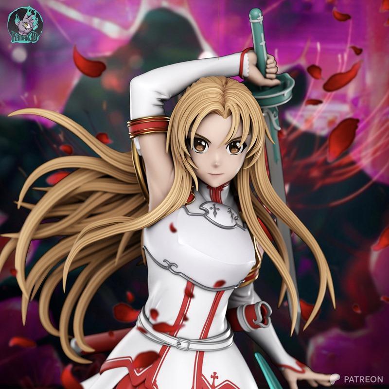 Asuna from Sword Art Online 3D model figure, holding a sword, wearing white and red outfit, with long blonde hair and...