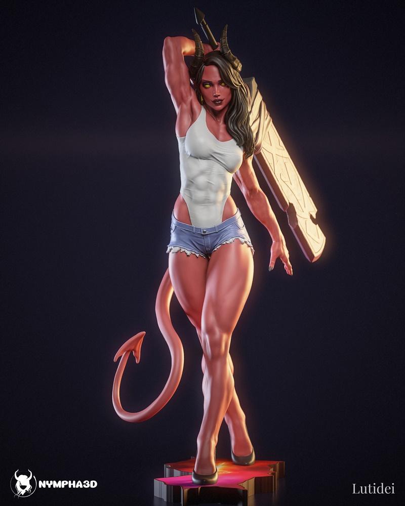 Muscular female demon with red skin, horns, and tail, wearing a white leotard and denim shorts, holding a large sword...