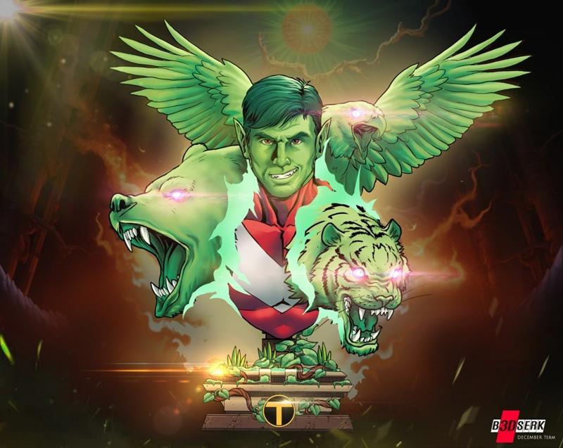 B3DSERK 3D printable bust of Beast Boy from Teen Titans, depicted with green skin and red/white costume, surrounded b...