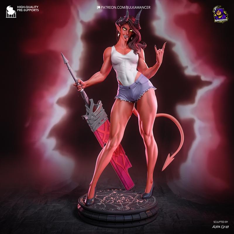 Muscular female demon Malevola with horns and tail, holding a large sword, wearing a tank top and shorts, standing on...