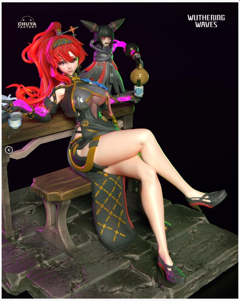 3D model figure of Yinlin from Wuthering Waves, seated on a bench, with a small companion figure behind her holding a...