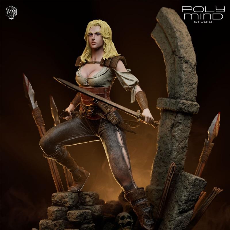 Valeria, a blonde female warrior, in a dynamic combat pose holding a sword. She wears a revealing top, leather corset...