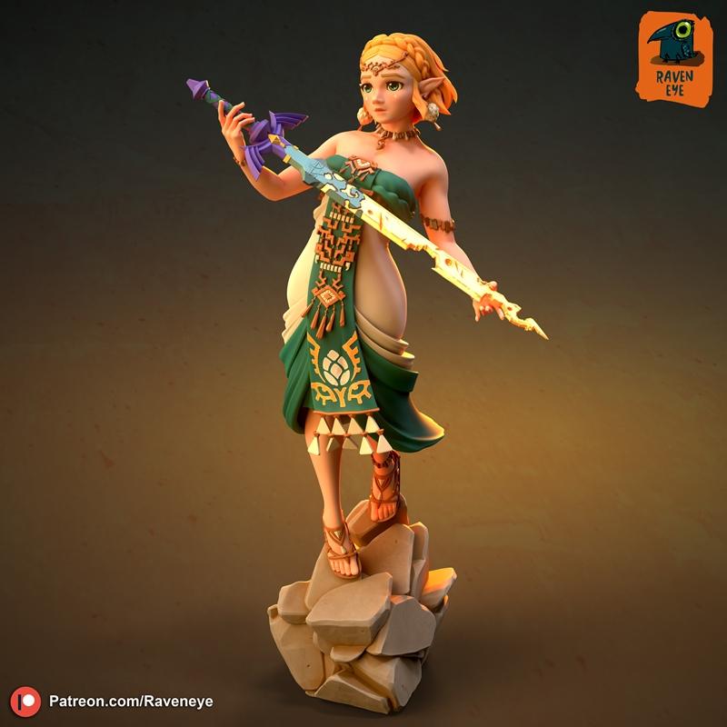 3D printable figure of Princess Zelda holding the Master Sword, standing on a rock base. She wears a green and white...