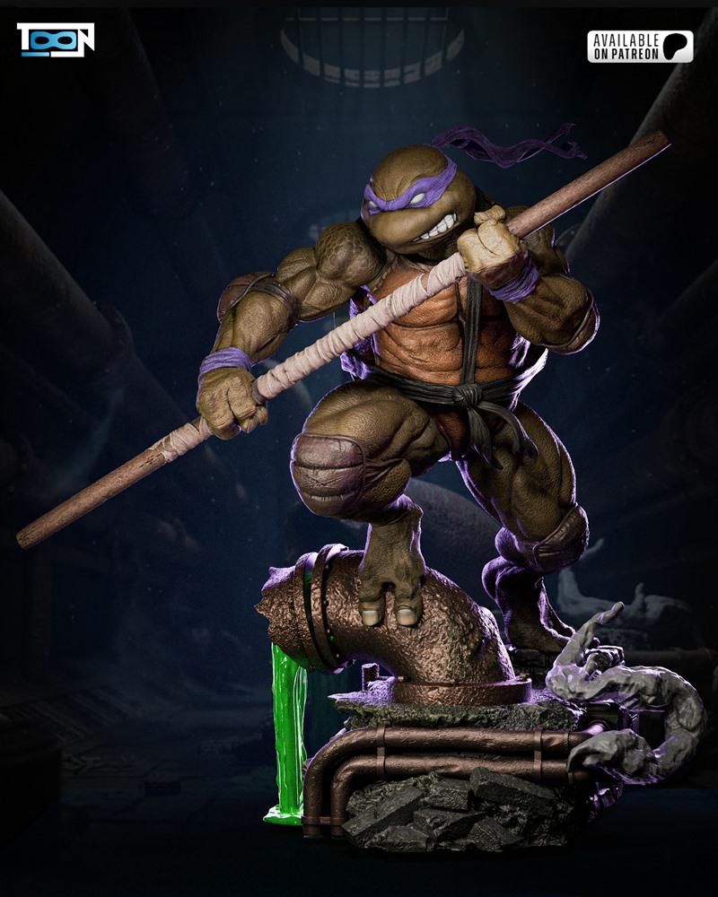 Donnie from Teenage Mutant Ninja Turtles, a muscular mutant turtle, wields a bo staff while standing on a sewer pipe...