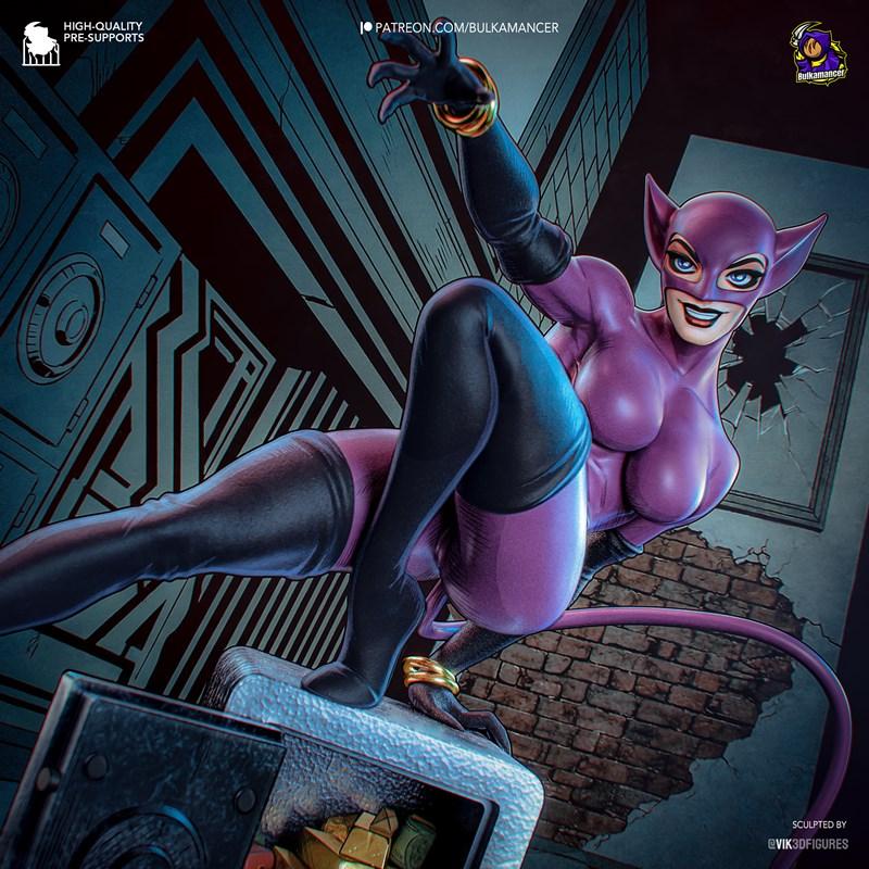 Catwoman in a purple catsuit and black gloves/stockings, perched provocatively on a safe, with a mischievous smile an...