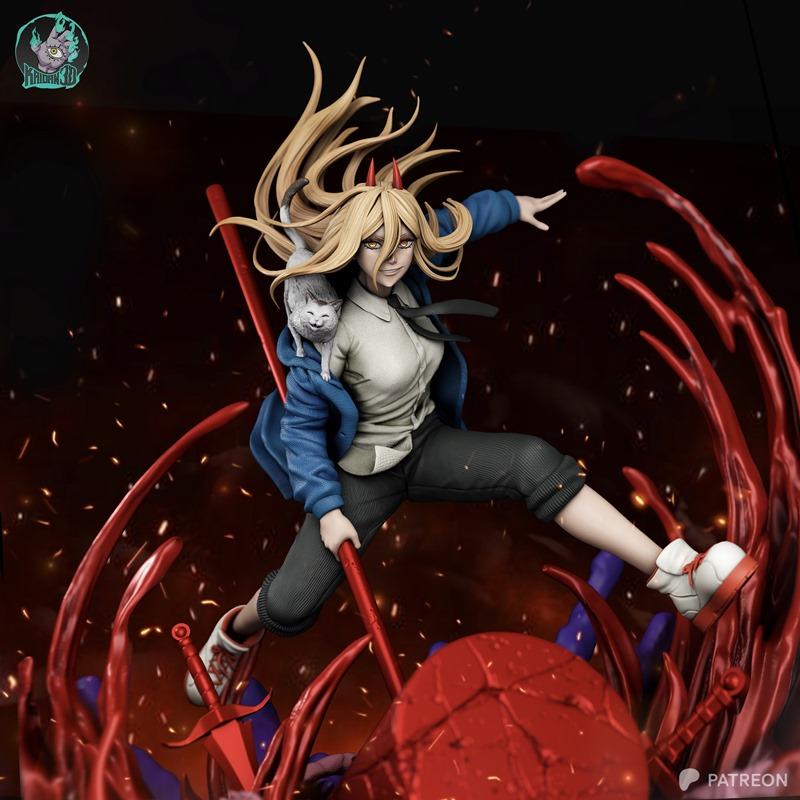 3D model of Power from Chainsaw Man, mid-action with a cat on her shoulder, surrounded by blood effects and holding a...