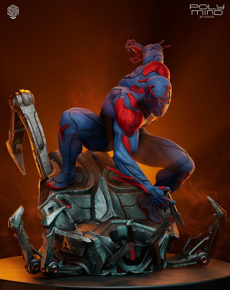 Spider-Man 2099 figure in a crouched pose on a detailed mechanical base, wearing a blue and red suit. PolyMind Studio...