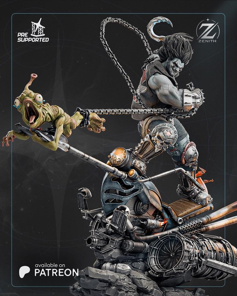 Lobo, the Main Man, on a detailed motorcycle, holding a chain attached to a screaming alien creature. Zenith Studios...