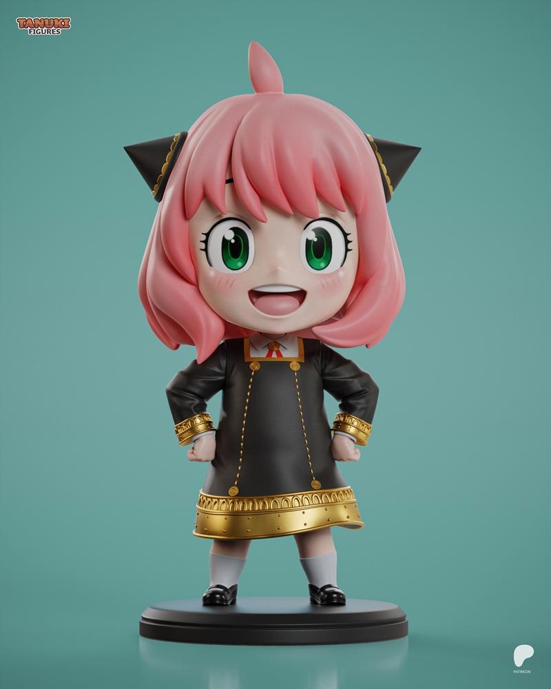 Chibi Anya Forger 3D model in her school uniform, with pink hair and green eyes, standing on a black base. Tanuki Fig...