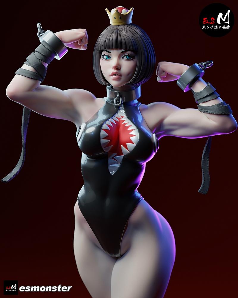Muscular Chompette fitness figure in a black leotard with shark mouth design, flexing arms with restraints, wearing a...
