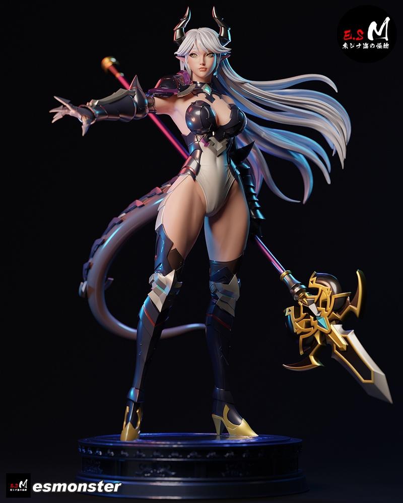 Luna figure with white hair, horns, and tail, wearing a white bodysuit and dark armor, holding a polearm and staff. G...
