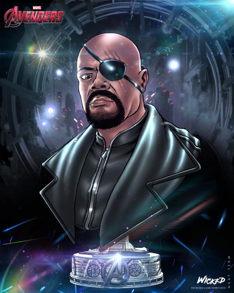 3D printable bust of Nick Fury from Marvel's Avengers, featuring his eyepatch, goatee, and trench coat, mounted on an...