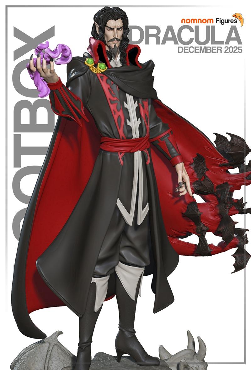 Nomnom Figures 3D model of Dracula from Castlevania, standing in a gothic pose with a red cape and holding a purple orb.