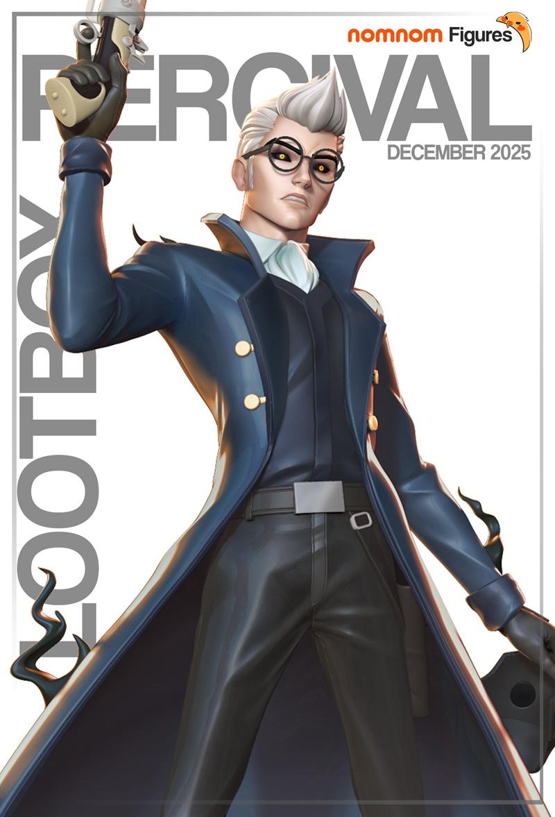3D model figure of Percival de Rolo from Legend of Vox Machina, holding a pistol, wearing a long blue coat and glasses.