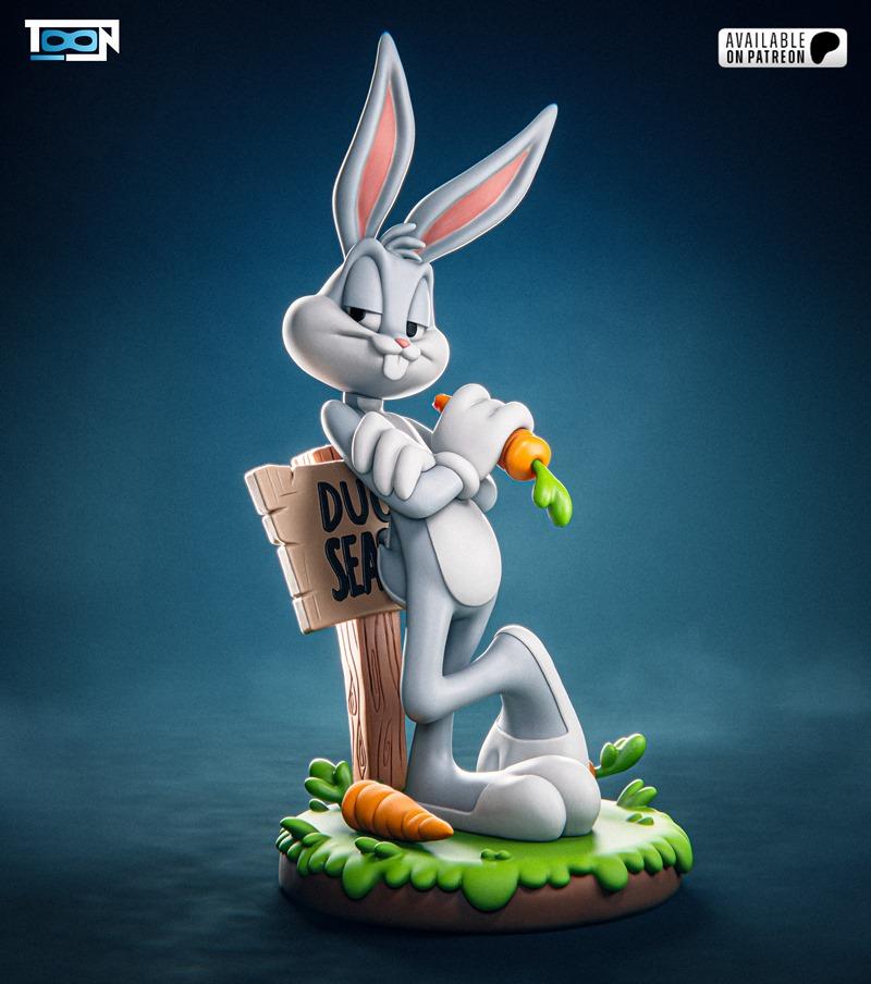 Bugs Bunny figure leaning on a 'Duck Season' sign, holding a carrot, with another carrot on the base. Toon Studios mo...