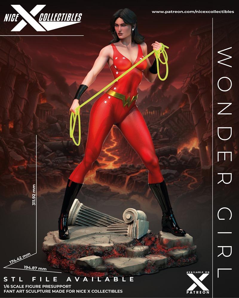 Wonder Girl 3D print model by Nice X Collectibles, wearing a red suit with stars, holding a lasso, on a diorama base...