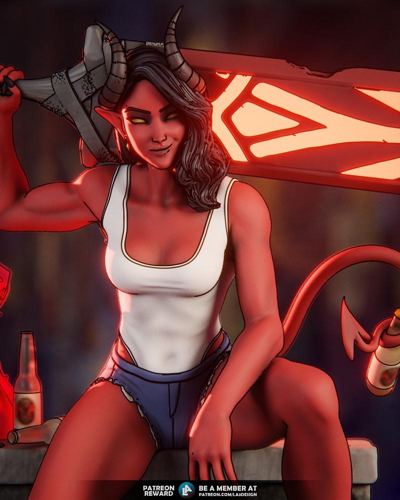 Muscular red-skinned demoness with horns and tail, wearing a white tank top and denim shorts, holding a glowing red s...