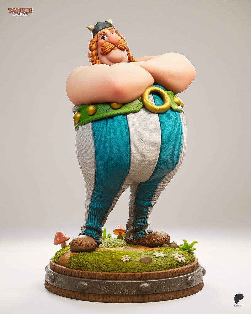 Obelix figure in toon style, wearing striped trousers and a horned helmet, standing on a grassy base with mushrooms....
