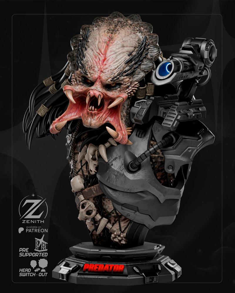 Predator bust 3D model by Zenith Studios, featuring detailed mandibles, bio-mask with targeting system, and trophy ad...