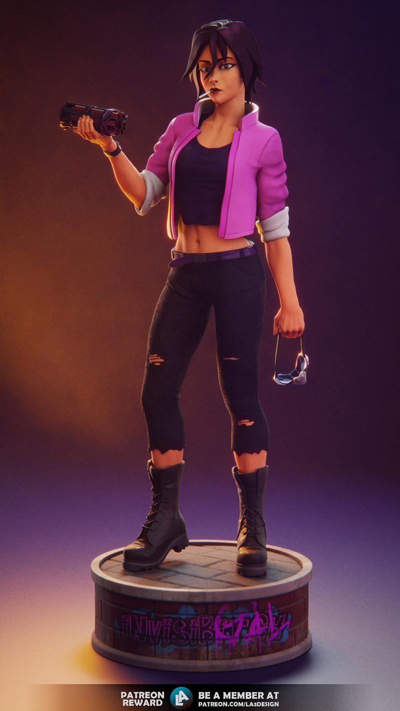 3D model of Invisigal from Dispatch, a female character in cyberpunk attire holding a weapon and goggles, standing on...