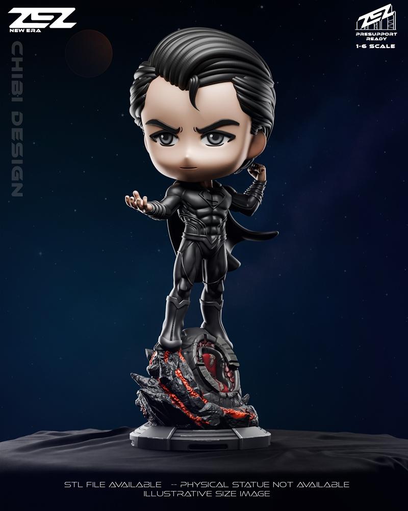 Chibi Superman figure in black suit with cape, standing on a rocky base with red glowing accents. ZEZ Studio logo vis...