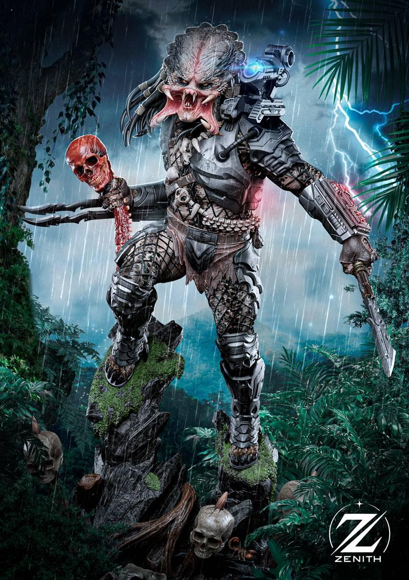 Predator alien hunter figure with armor, mandibles, and wrist blade, holding a skull, standing on a mossy rock in a r...