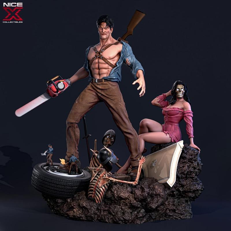 Ash Williams 3D model with chainsaw and shotgun, posed heroically on a horror-themed diorama base with skeletons and...