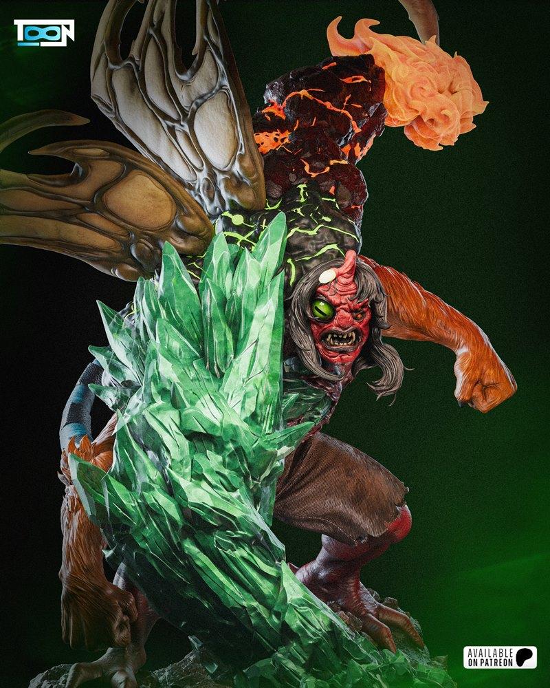 Kevin Levin figure with red horned head, insectoid wings, and a body made of fire, rock, and green crystals, posed ag...