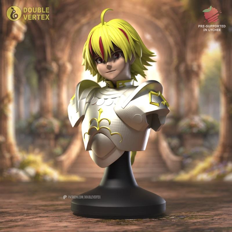 Bust of Richard I from Fate/Grand Order, wearing white and gold ornate armor, blonde hair with red streaks, presented...