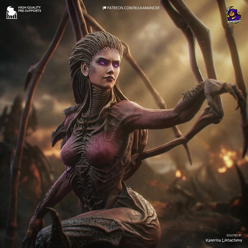 Kerrigan, Queen of Blades, in a menacing pose with large insectoid limbs and glowing purple eyes. The figure features...