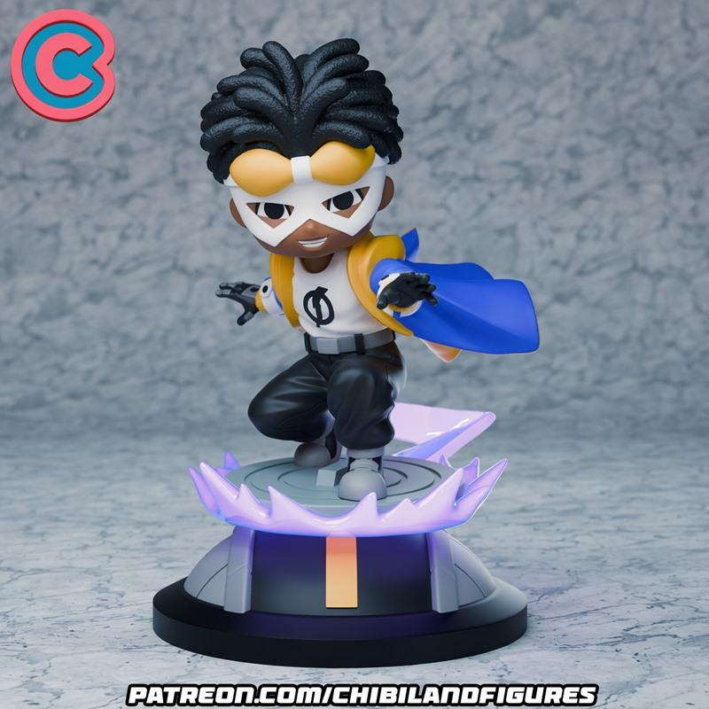 Chibi Static Shock 3D model figure in a dynamic pose, wearing a white mask, yellow jacket, blue cape, and black pants...