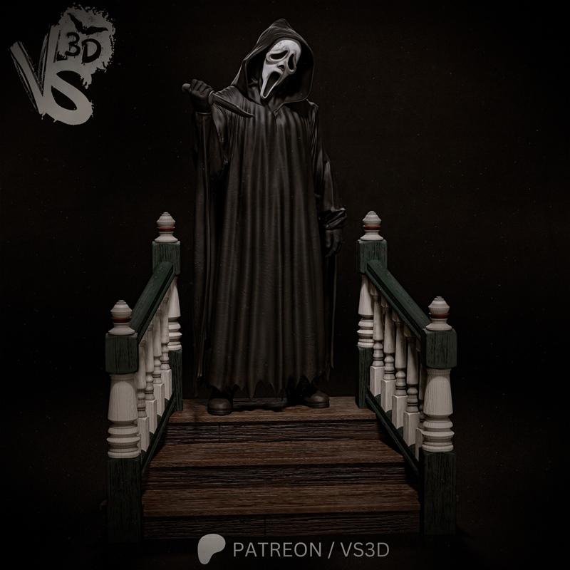 VS3D Ghostface 3D model on a wooden staircase, holding a knife, wearing a black hooded robe.