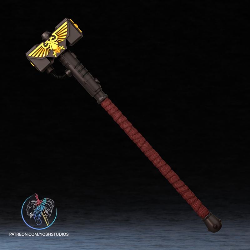 3D model of a Warhammer 40,000 Space Marine 2 Hammer, featuring a gold Imperial Aquila on the head and a red-wrapped...
