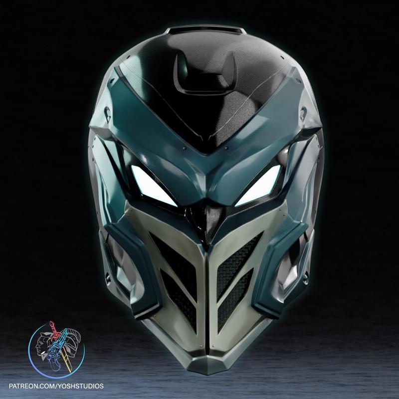 Futuristic helmet with glowing white eyes, teal and grey plating, and a textured face grille. Marked with '.com/yoshs...