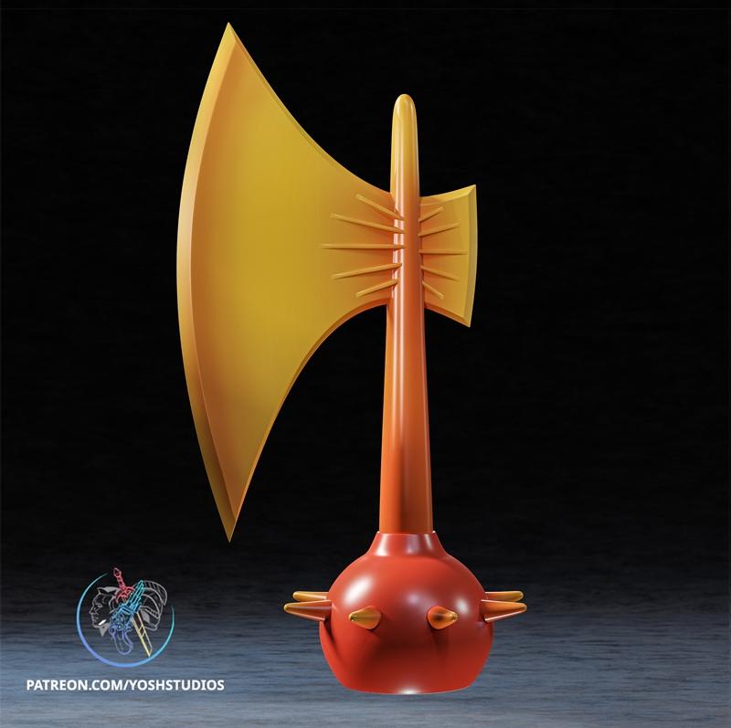 Optimus Prime's iconic axe, a 3D printable model by Yoshstudios, featuring a large yellow blade, orange handle, and s...
