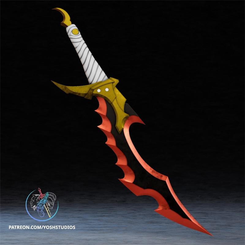 Knight Killer Dagger 3D print model with ornate golden hilt and white wrapped grip, featuring a black serrated blade...