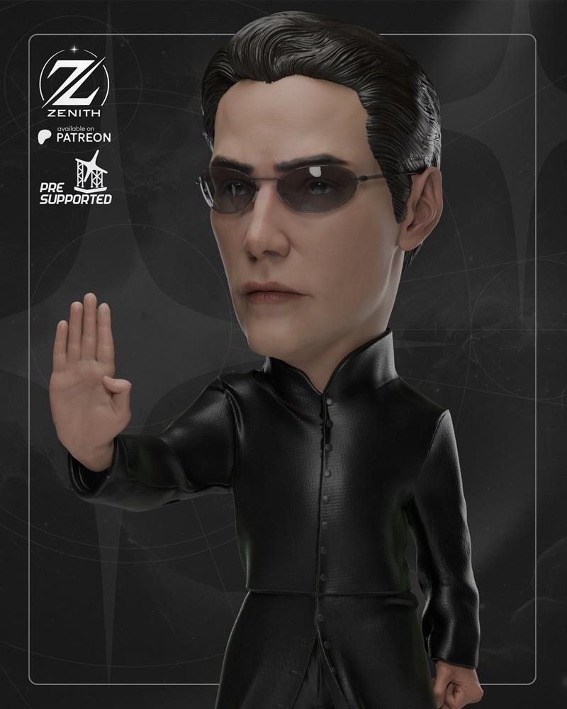 3D model of Neo from The Matrix, wearing sunglasses and a black coat, with one hand raised in a stopping gesture.