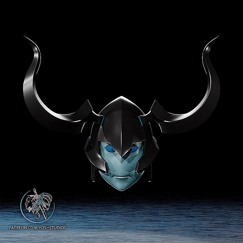 Dark fantasy helmet with large curved horns and glowing blue eyes, featuring a pale blue face beneath. Designed by Yo...