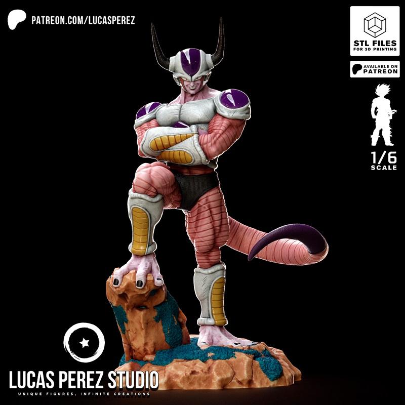 Freezer in Second Form, 1/6 scale 3D model by Lucas Perez Studio, standing on a rocky base with arms crossed, wearing...